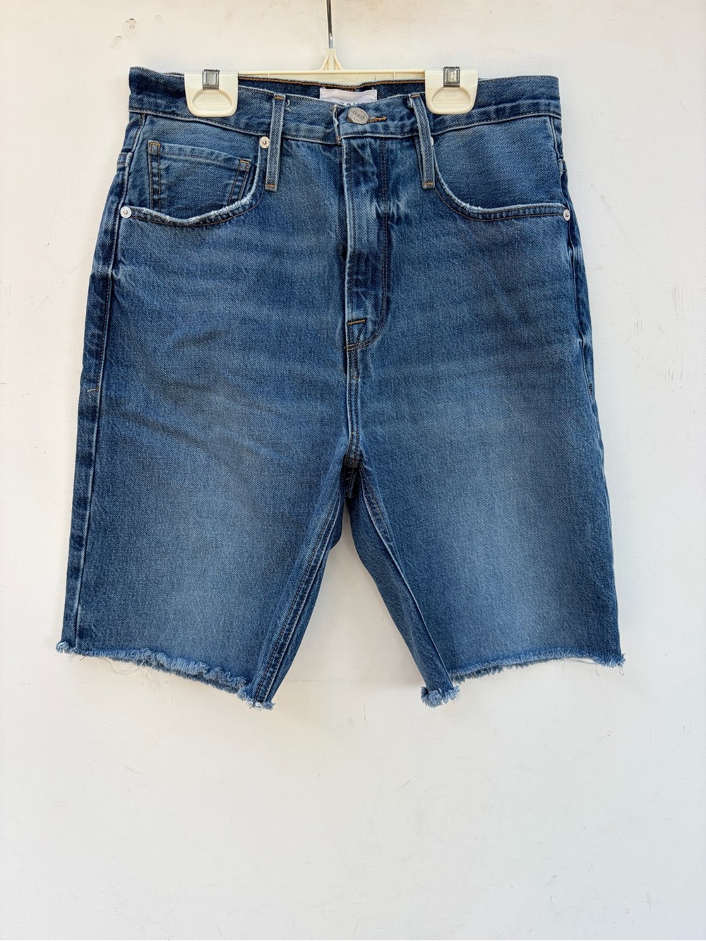 Frame High Rise Long Denim Bermuda Shorts in Del Amo